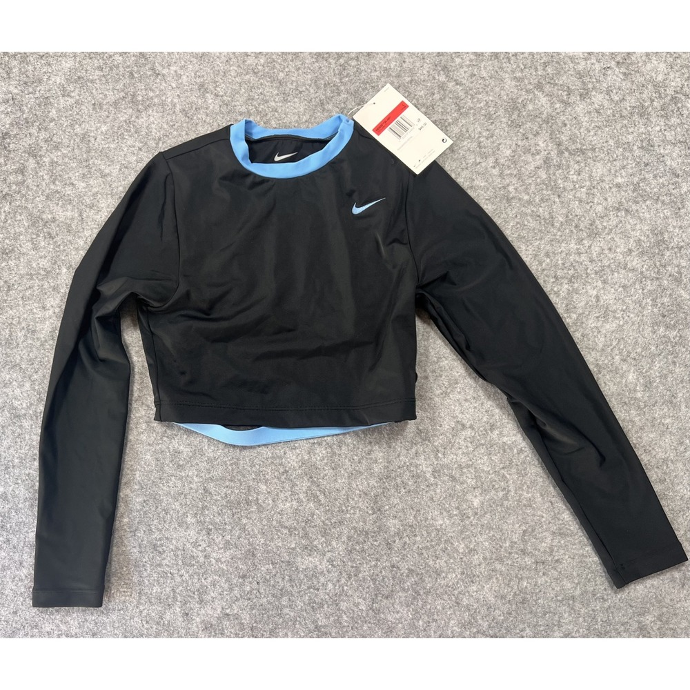 Nike NESSF735-001 Swim Top Girls Large Black Blue Open Back Long Sleeve